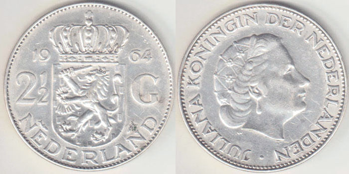 1964 Netherlands silver 2 1/2 Gulden A005316
